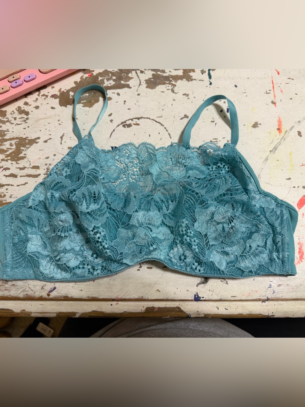 Soma Teal Floral Lace Bralette 38C modest chic smooth comfort euc